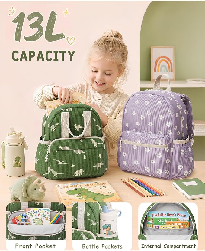 Corduroy Kids Backpack for Boys Girls Ages 5-8 | 15 Inch Water-Resistant Lightweight School Bookbag for kindergarten and Elementary, 1st-3rd grade(Large,Purple Floral)