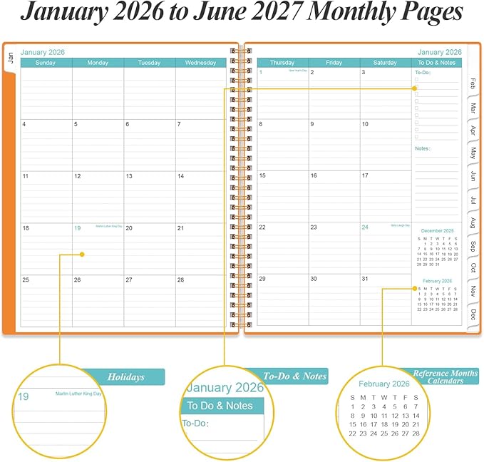 2026-2027 Monthly Planner - 18 Monthly Calendar, January 2026 - June 2027, Two Pages Per Month, 9" x11" Planner with Tabs, Strong Twin-Wire Binding, Inner Pocket, Orange