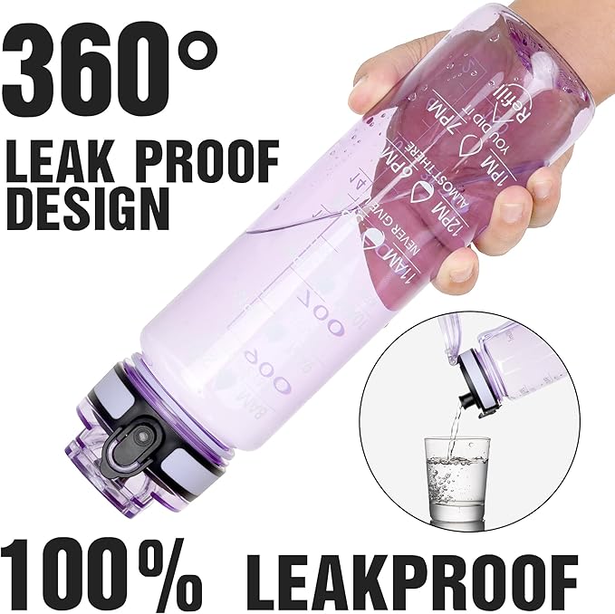 OLDLEY Water Bottle, 32oz Motivational Sports Water Bottle with Time Marker - Times to Drink - Tritan, BPA Free, Wide Mouth Leakproof,Anniversary Birthday Gifts for Men Women, Amethyst (1 Bottle)