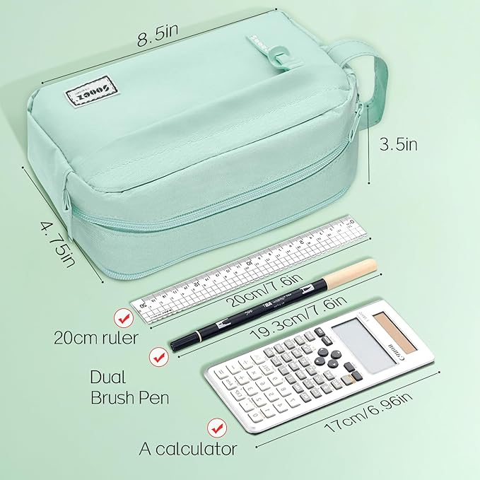 Sooez Original High Capacity Pencil Case, Big Pencil Bag Pouch Box Organizer Pen Case, Aesthetic Supply for Girls Adults, Portable Journaling Supplies with Easy Grip Handle & Loop, Mint Green