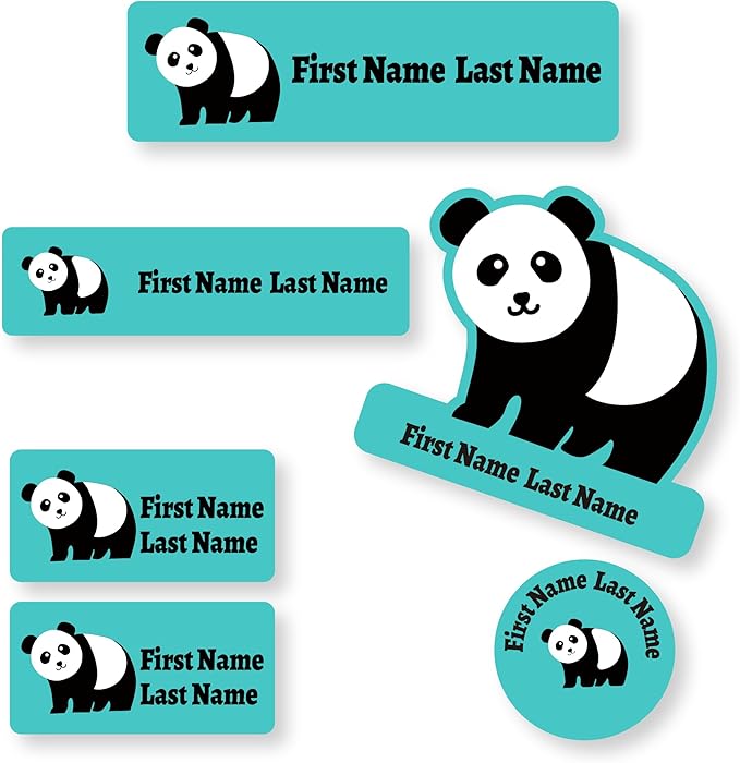 Personalized Kids Name Labels – Waterproof Custom Stickers for Daycare & School, 117 Pack, Dishwasher & Laundry Safe (Panda - Blue)