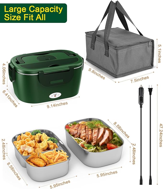 Geveniss Electric Lunch Box for Adults, Heated Lunch Box for Car and Truck, Portable Food Warmer for Office Work, 80W Fast Heating, Dual Removable 1.5L Stainless Steel Containers