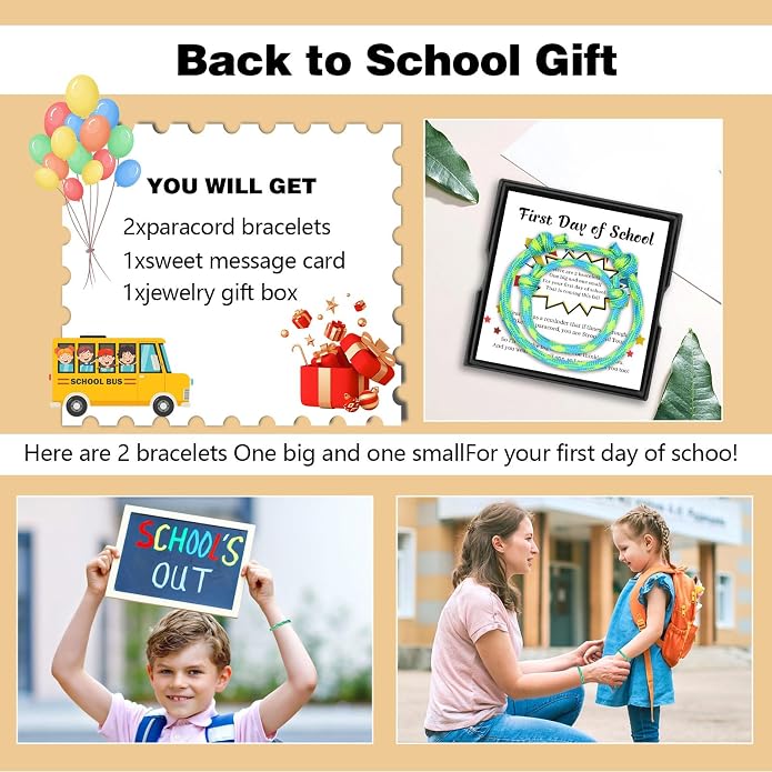 Back to School Gifts Mommy and Me Bracelets Kindergarten School Supplies | Back to school bracelet set of 2, paracord with sliding knot, includes keepsake card and jewelry box