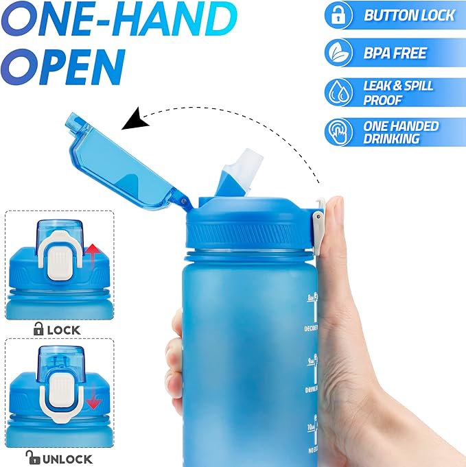 YC Kitchen Motivational Water Bottle with Time Marker- 32oz Water Bottles with Times to Drink, Leakproof & BPA Free Sports Water Bottle with Straw & Carry Strap for Fitness, Gym, and Outdoor Sports