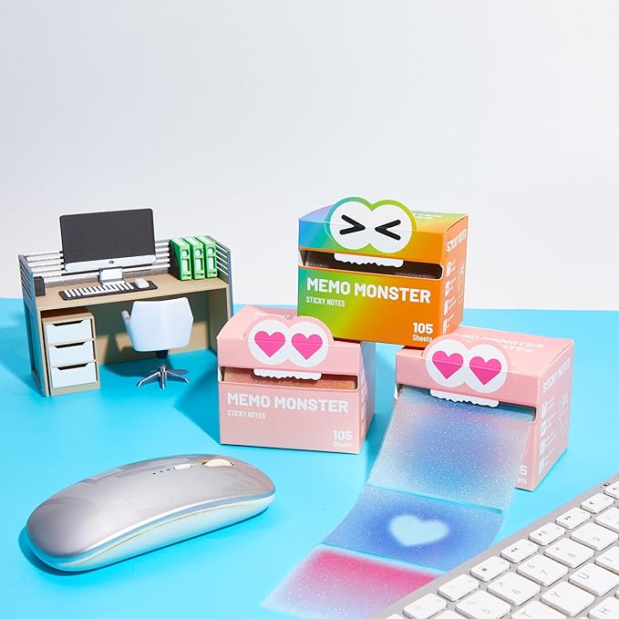 2PCS Monster Sticky Notes – Glittery Semi-Transparent Full-Adhesive Sticker Notes with Cute Monster Box, 105 Sheets for School Supplies, Office Products, Journaling, Scrapbooking & Labels