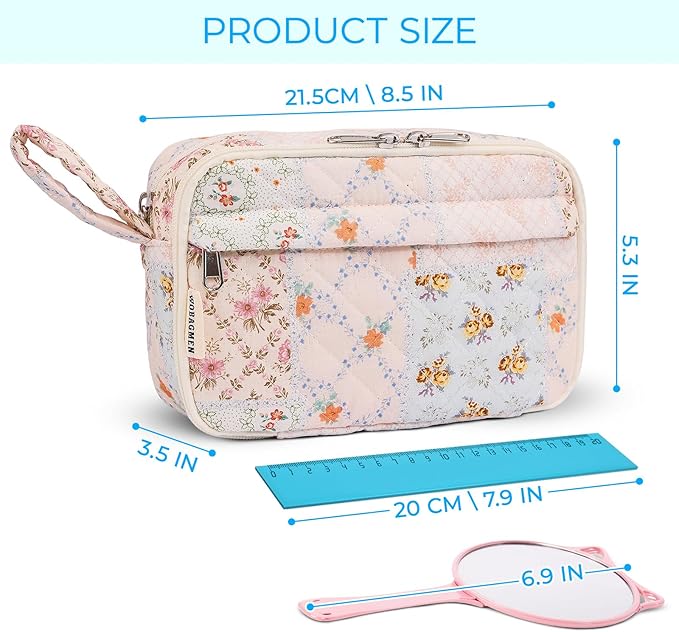 WOBAGMEN Quilted Pencil Pouch for Girls Women, Large Pencil Case Pouch with Compartments Cute Aesthetic Pencil Case Organizer, Floral Pencil Bag for School Supplies (coloful blue)
