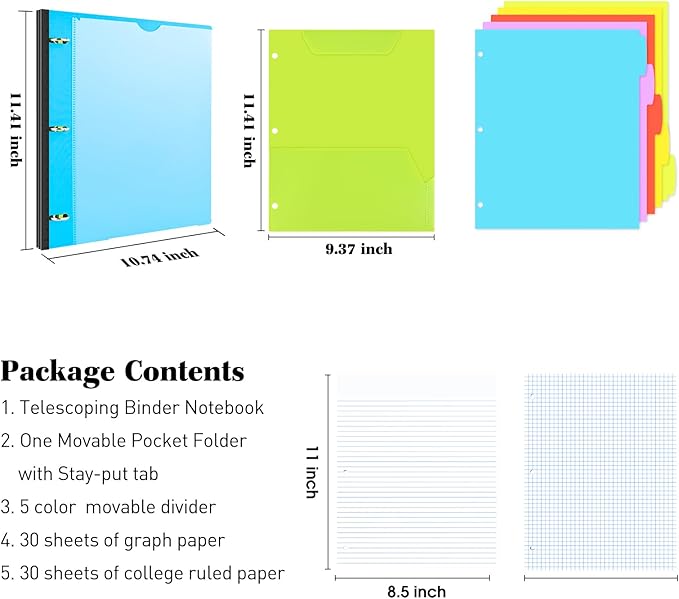 INFUN All-in-one Telescoping Binder Notebook, Refillable 3 Ring Notebook Binder with 1 plastic movable pocket folder,5 plastic subject dividers and graph paper and college ruled paper - Blue