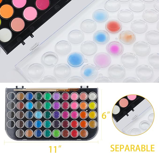 Artecho 48 Colors Watercolor Paint Set, Portable Travel Watercolor Cake Kit with 3 Brushes, Easy-Clean Washable Paint for Card Making, Illustrations, Painting, Calligraphy