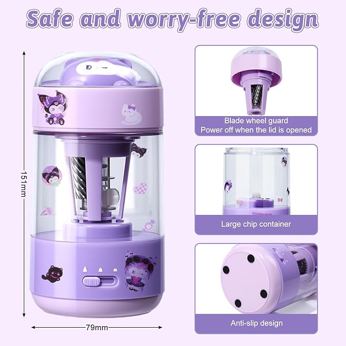 Rechargeable Automatic Electric Pencil Sharpener, Auto in & Out 3 Adjustable Thickness, Type-C Charging, Cute DIY Stickers, for 6-8mm Pencils, 3s Fast Sharpening, Ideal for School & Home (Purple)