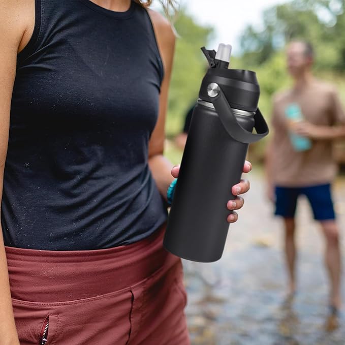 Fijinhom 24oz Insulated Stainless Steel Water Bottle, Wide Mouth Double Wall Vacuum, Silicone Straw, Sweat & Leak Proof, BPA Free Insulated Water Flask for Travel, Keep Cold 24h Hot 12h, Black