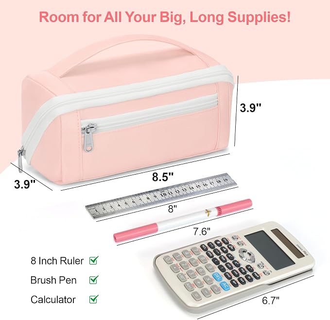 Large Capacity Pencil Case - Pencil Pouch for Teen Girls, Aesthetic Pouch Organizer with 8 Compartments, Wide Opening Marker Bag for Middle High School College, Fits Calculator, Pink