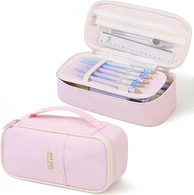 SKYDUE Pink Pencil Case for Girls – Large Capacity Zippered Pencil Pouch with Multi-Compartment, Aesthetic Pencil Bag for School & Office Supplies