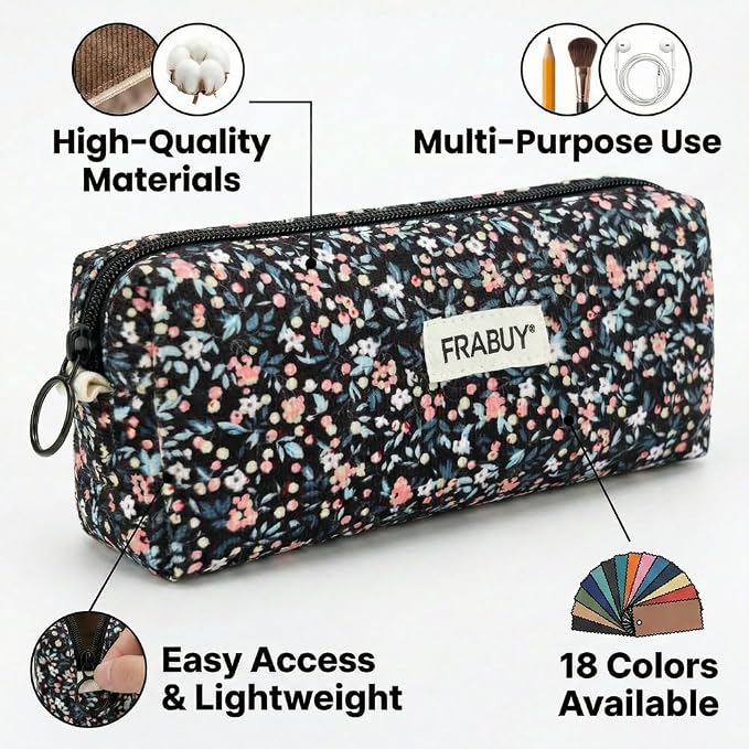 Soft Corduroy Pencil Case Pen Pouch Organizer, Small Stationery Bag | Black small floralzipper pencil pouch, smooth zipper, daily cosmetics holder, compact organizer for school teen girls, women