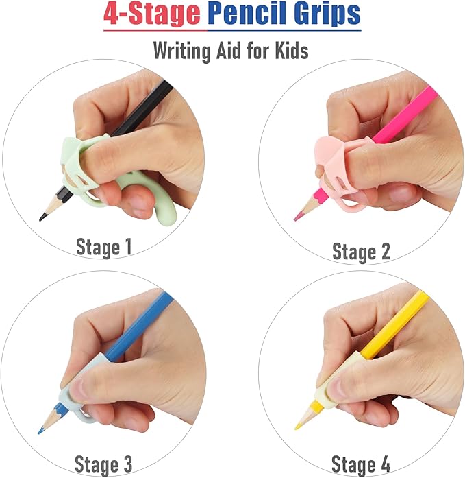 4-Stage Pencil Grips for Kids Writing Posture Correction, 8 Pack Pencil Holder for Toddlers Writing Aid Tools, Pencil Grippers for Preschoolers Needs in Classroom, Assorted Colors