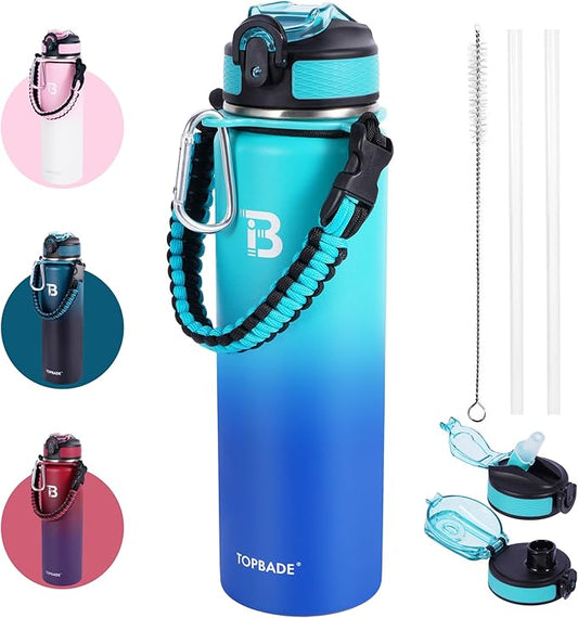 TOPBADE 32oz Insulated Water Bottle with Straw Lid & Spout Lid & Paracord Handle, Stainless Steel Water Bottle Wide Mouth, Double Wall for Women Men Gym Fitness Outdoor