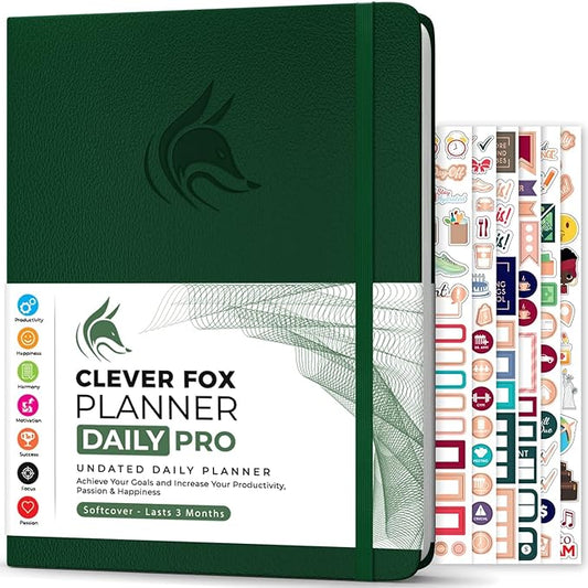 Clever Fox Planner Daily PRO - 8.5 x 11" A4 Size Daily Life Planner and Gratitude Journal to Increase Productivity, Time Management and Hit Your Goals - Undated - Lasts 3 Months (Forest Green)