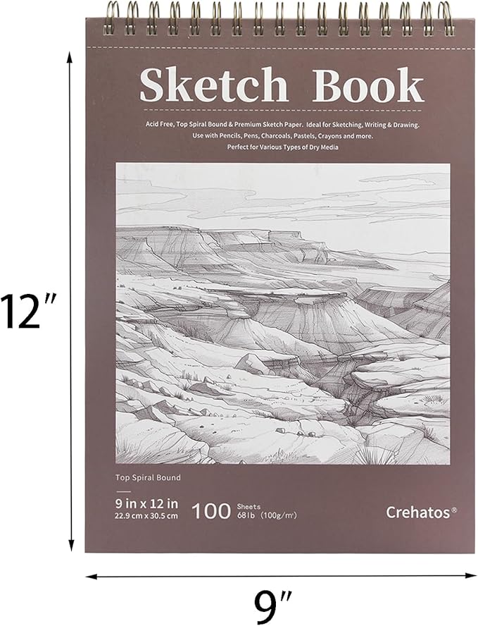 Crehatos 9" x 12" Sketch Book, Top Spiral Bound Sketch Pad, 100 Sheets 68lb/100gsm Drawing Paper, 1 Pack