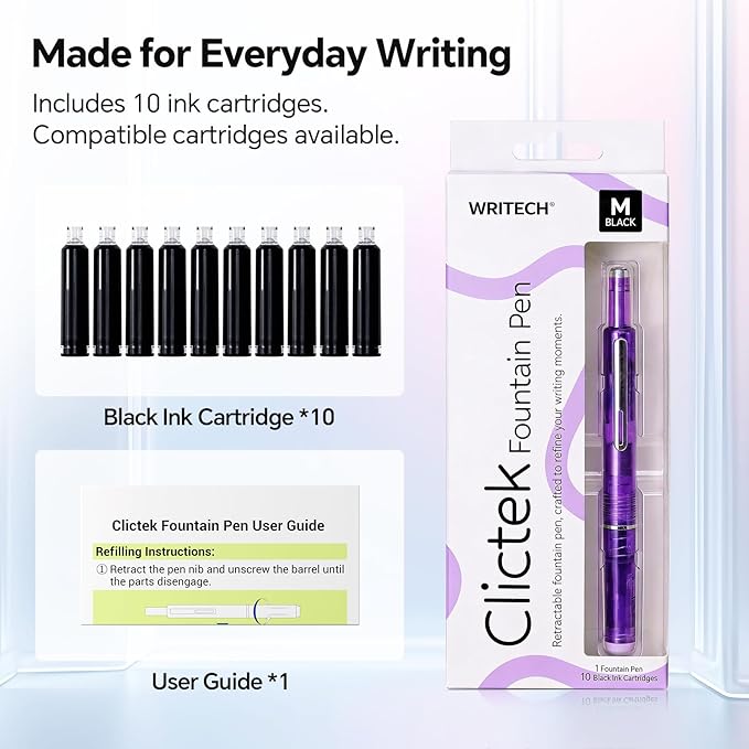 WRITECH Clictek Fountain Pen Retractable: Medium Nib Black Ink Includes 10 Refillable Cartridges No Leaking Smooth Writing Perfect for Office Journaling Beginners Gift