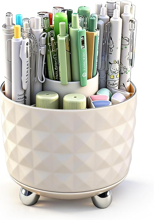 GOTOBA 360° Rotating Pencil Holder for Desk, Makeup Brush Holder with 6 Slots, Desk Organizer for Writing Utensil, Office and School Supplies (Milky White)
