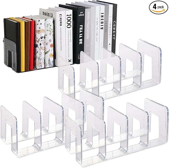 4 Pack Clear Acrylic File Sorter, Sturdy Desktop Book Folder Organizer, 4 Section Purse Handbag Clutch Divider for Closet, Office Storage Rack Holder for Letter, Binder, Document, Electronics