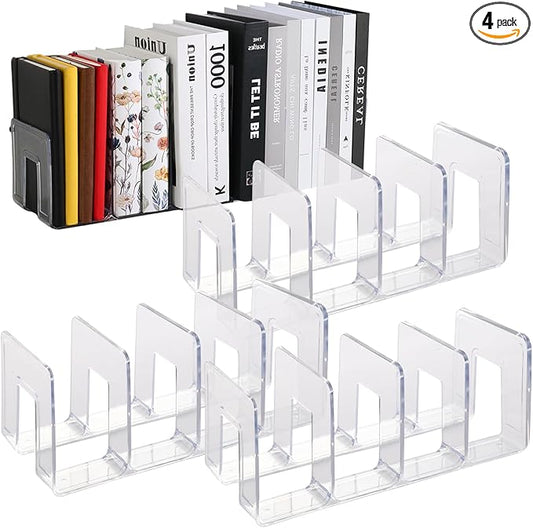 4 Pack Clear Acrylic File Sorter, Sturdy Desktop Book Folder Organizer, 4 Section Purse Handbag Clutch Divider for Closet, Office Storage Rack Holder for Letter, Binder, Document, Electronics