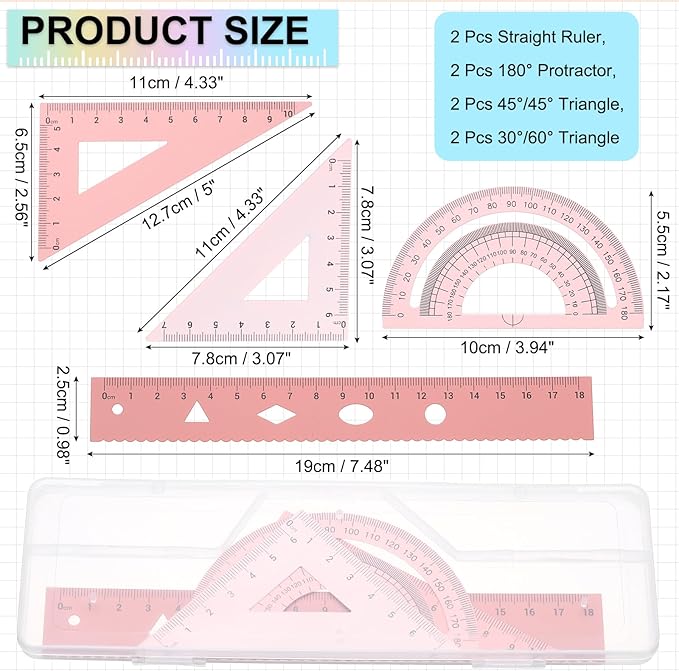 PATIKIL Geometry Set, 2 Pack 7 Inch Aluminum Ruler & 4 Triangles, Metal Protractor Ruler Math Drafting Measuring Tool for Home Office Math Drawing Engineering Art,Gradient Pink