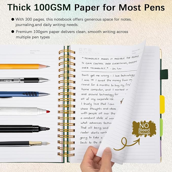 Hardcover Spiral Notebook with Removable Dividers & Tabs, 8.5"x11" 5 Subject Notebooks for Work, 300 Pages College Ruled Notebook, A4 Sparkle Lined Journal for Women Girls Note-Taking (Green)