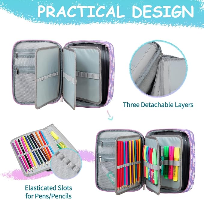 VASCHY Large Pencil Case, Art Color Pencils Pouch with Detachable Layers Multiple Zip Pockets for School Office Stationary Organization Purple Unicorn