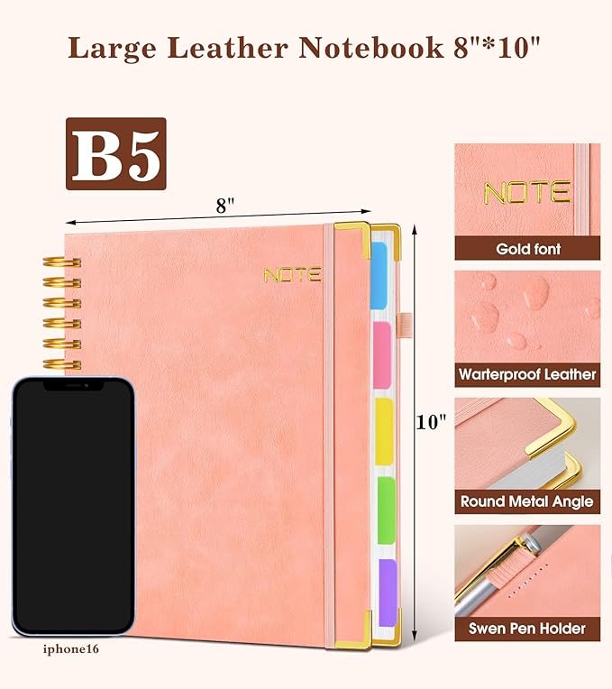 Hardcover Large Spiral Notebook journal with Removable Dividers Tabs, 300 pages Leather 5 Subject Notebook College Ruled, 8" x 10"Journal for Women Men, Notebooks for Work School Note taking,B5 Pink