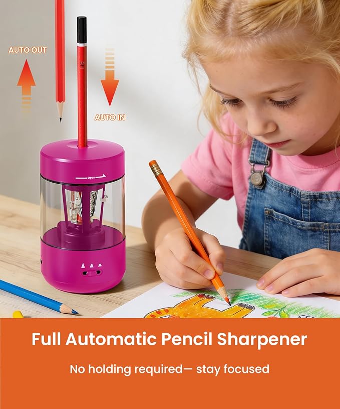 Electric Pencil Sharpener for Classroom, Fully Automatic, Pink