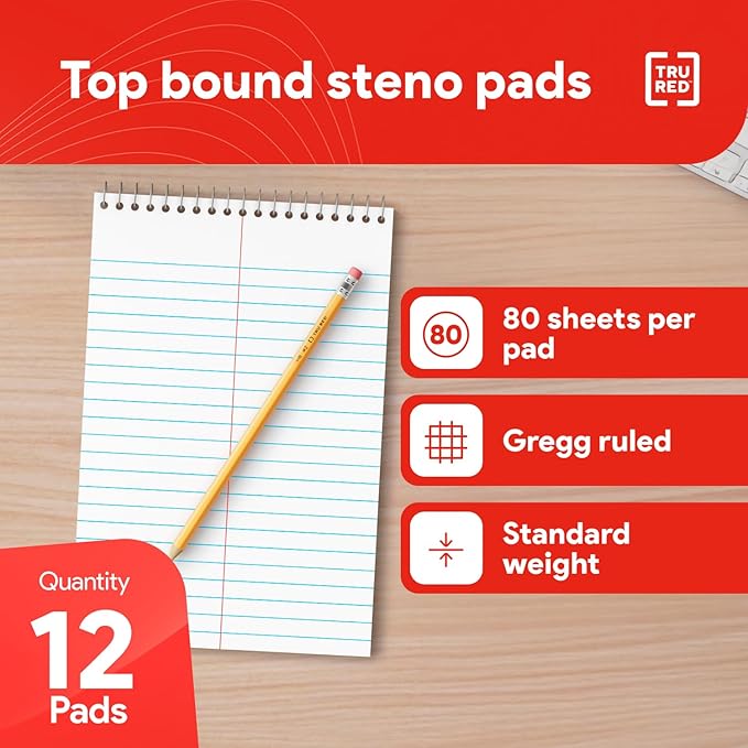 Staples TRU RED Steno Notepads, 6" x 9", Gregg Ruled, 80 Sheets, Top Wirebound, 12-Pack