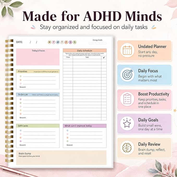 ADHD Planner for Women，Daily Productivity Planner with Task Management Organizer for Neurodivergent Adult,Teens , Self-Cares, Daily Schedule,To-Do List,Brain Dump,ADHD Journal with Cardboard Cover to Stay Organized and Focused (Colorful Leaves)