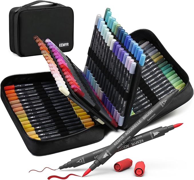 KEMYR Markers for Adult Coloring Books: 100 Color Dual Tip Fine & Brush Pens Water-Based Coloring Marker for Adults Drawing Sketching Bullet Journal Writing Lettering No bleeding