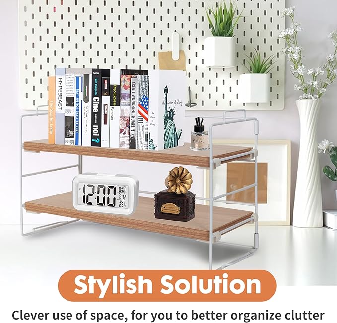 ShellKingdom Display Shelf for Figures, 2 Tier Desk Shelf Organizer, Desktop Shelves, Adjustable Bookshelf Storage Rack and Office Cubicle Decor for Tabletop, Office, Dorm (White Frame + Wood Board)