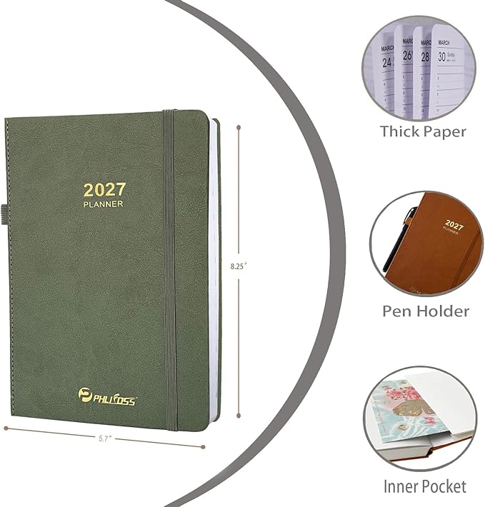 2027 Daily Planner/Calendar, One Page Per Day, Daily Monthly Agenda Planner with Time Slots and Monthly Tabs, Jan - Dec 2027, 5.7" x 8.25" Appointment Book, Pen Holder, Leather Cover (Green)