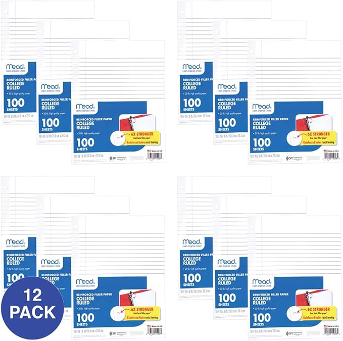 Mead Loose Leaf Paper, Filler Paper, Reinforced, College Ruled, 100 Sheets, 10-1/2" x 8", 3 Hole Punched, 12 Pack (72428)