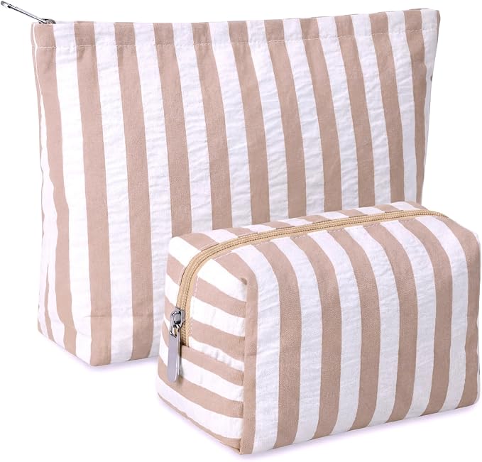 Huhumy 2 Pcs Makeup Bag Set for Women, Khaki, Wide Striped Seersucker | Cute Cosmetic Pouch Women Travel Toiletry Bag Preppy Small Makeup Purse Pouch Aesthetic Skincare Brushes Storage Organizer