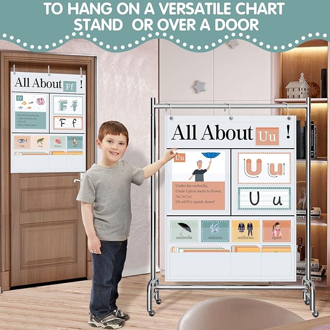 All About Letters Pocket Chart with 99 ABC Flash Cards, Letter of The Day/Week Daypocket Chart, Letter Tracing Learning Educational Wall Chart Preschool Classroom Homes, 34" X 27"White