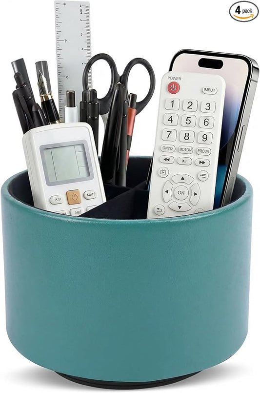 Round Leather Art Supply Organizer,Remote Control Holder,360 Degree Spinning,Multi-Functional Pencil Holder,4 Compartments Desktop Stationary Organizer(1-Sheep Green)