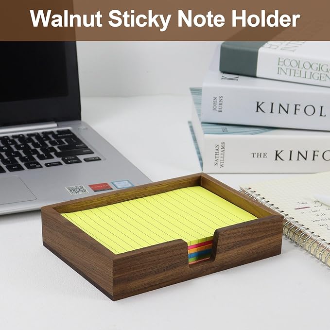 MultiBey Walnut 4x6 Inch Sticky Note Holder - Handcrafted Solid Wood Note Dispenser with Sheets, U-Shaped Easy Access Design & Non-Slip Base for Minimalist Office Desk Deco