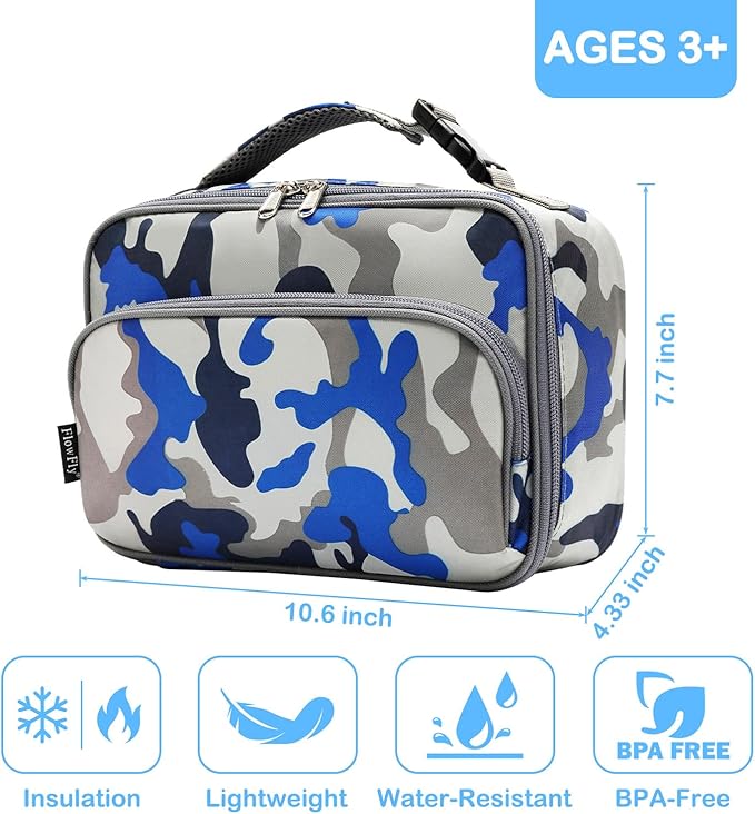 FlowFly Kids Lunch box Insulated Soft Bag Mini Cooler Back to School Thermal Meal Tote Kit for Girls, Boys,Blue Camo