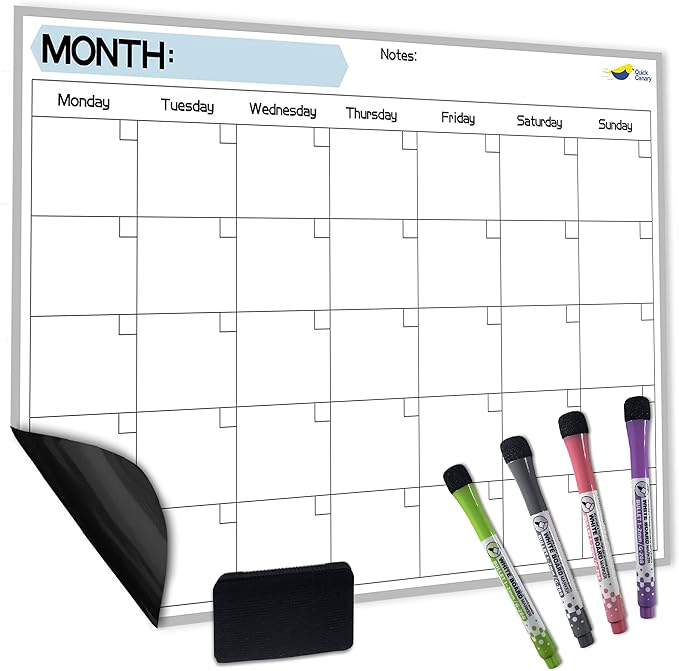 Monthly Magnetic Calendar for Refrigerator - 17x12” Stain-Resistant Dry Erase Fridge Calendar Whiteboard with Large Writing Space for Schedules, Chores & Meals - With 4 Markers & Eraser - Monday Start