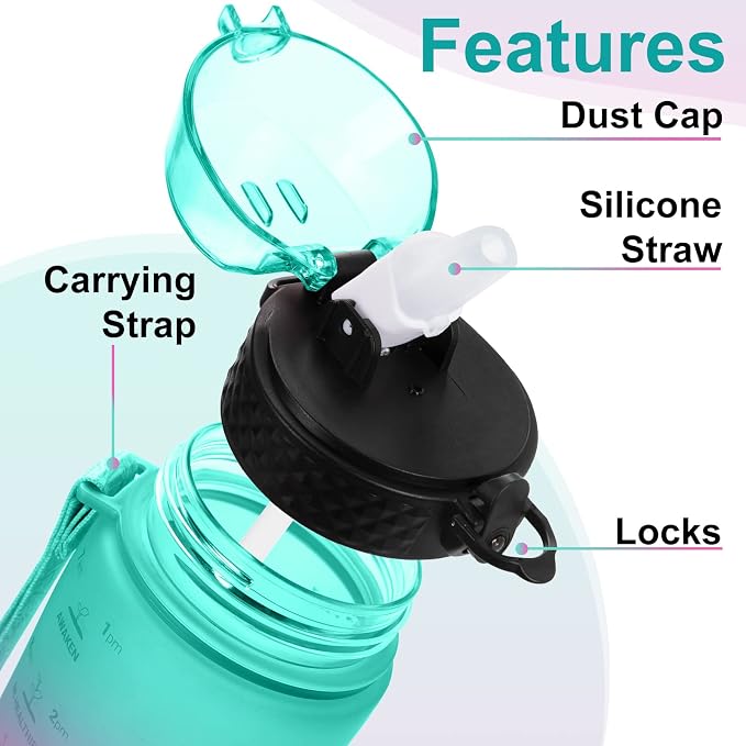 24 OZ Motivational Kids Water Bottle With Time Marker,Straw Lid,Leak Proof, Tritan BPA Free Sports Water Bottle Green-Purple(1 Lid)