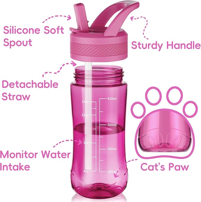 14oz Clear Kids Water Bottle with Straw Lid, BPA-Free Tritan, Measurement Scale, Sturdy Handle Wide Mouth Leak-proof Reusable Plastic Bottle for Boy& Girls, Back to School(Rose)