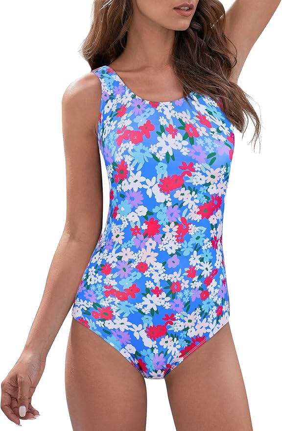 Modest Full Coverage One Piece Swimsuit Floral Bathing Suit Criss Cross Back Swimwear with Built-in Bra