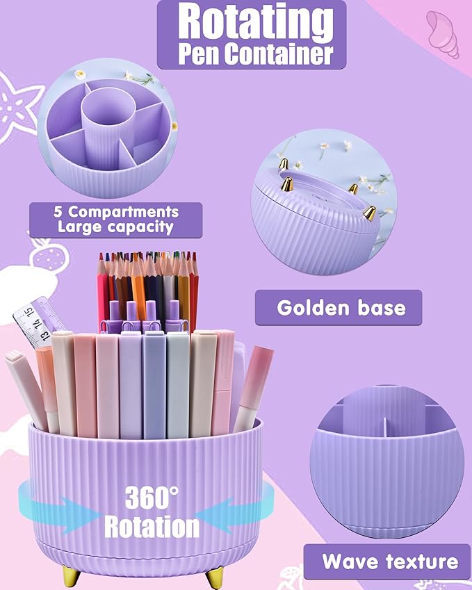 LXEVIHK Purple Desk Accessories, 20Pce Office Supplies and 360°Pen Holder Desk Organizers, With Tape Dispenser, Stapler, Staple Remover, Ect, Fill Your Desktop With Lovely Colors