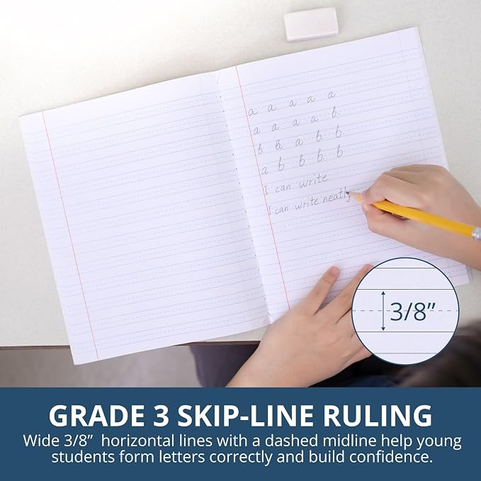 ROARING SPRING Primary Composition Book, Handwriting Notebook for Kids (K - 3rd Grade), Grade 3 Ruled, 3/8" Skip-Line Manuscript Paper, Flexible Cover, 9.75" x 7.5", 50 Sheets/100 Pages, 12 Pack