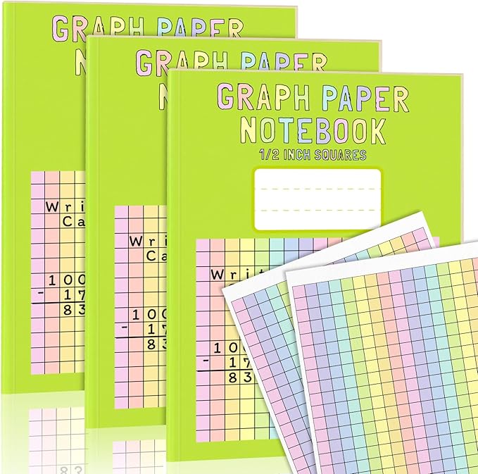 3 Pack 8.5×11 Colored Graph Paper Pad Math Graph Notebook Grid Paper 1/2 Inch Squares Large Quad Ruled Grid Composition Book Double Sided Graph Paper Colored Grid Notebook For Kids School Supplies