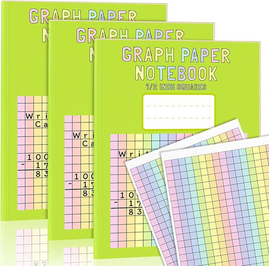 3 Pack 8.5×11 Colored Graph Paper Pad Math Graph Notebook Grid Paper 1/2 Inch Squares Large Quad Ruled Grid Composition Book Double Sided Graph Paper Colored Grid Notebook For Kids School Supplies