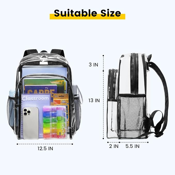 Vorspack Clear Backpack Heavy Duty - Clear Backpacks Transparent Bookbag for Girls Boys Large See Through Bag for Work, College, Concert - Black